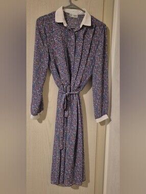 Vintage ORITE Floral Belted Midi Dress Blue Purple 70s 80s
